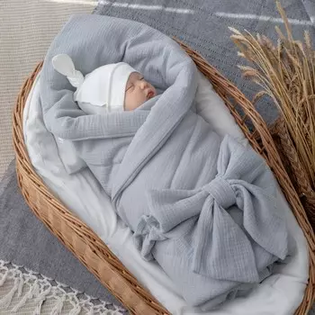 Одеяло-конверт на выписку KinDerLitto «Муслин №2», с бантом на резинке, 90х90 см, цвет серо-голубой