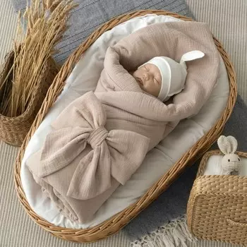 Одеяло-конверт на выписку KinDerLitto «Муслин №2», с бантом на резинке, 90х90 см, цвет капучино