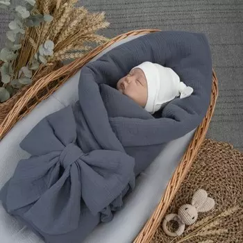 Одеяло-конверт на выписку KinDerLitto «Муслин №2», с бантом на резинке, 90х90 см, цвет тёмно-серый