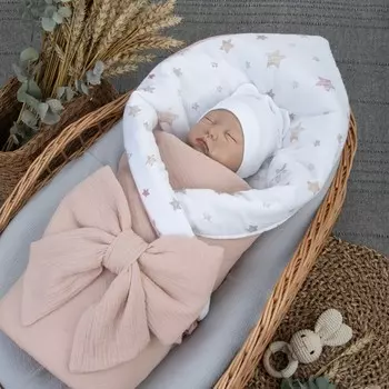 Одеяло-конверт на выписку KinDerLitto «Муслин №3», с бантом на резинке, 90х90 см, цвет пудра