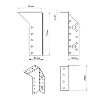 Опора бруса, оцинкованная, 140 х 76 х 25 х 2 мм, правая