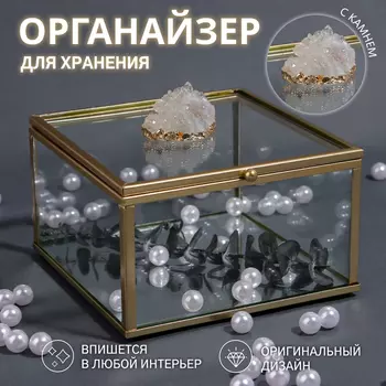 Органайзер для хранения «MOUNTAINS», с крышкой, стеклянный, с зеркальным дном, 1 секция, 12127 см, прозрачный/медный