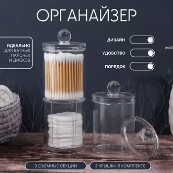 Органайзер для ватных палочек и дисков, с крышкой, 3 секции, 29 7 7см, в картонной коробке, цвет прозрачный