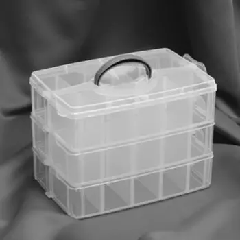 Органайзер для рукоделия, со съёмными ячейками, 3 яруса по 10 отделений, 24,5 16,5 18 см, с ручкой, цвет прозрачный