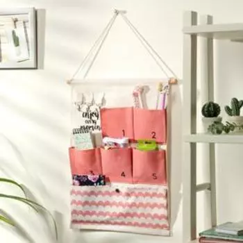 Органайзер с карманами подвесной Доляна «Волна», 6 отделений, 49×35 см, цвет розовый