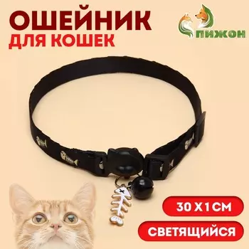 Ошейник кошачий "Рыбёшка" светящийся, с бубенчиком и подвесом, 30х1см, полиэстер, черный