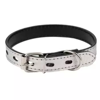 Ошейник кожаный двухслойный, ширина 2 см, ОШ 23-33 см, серебряный