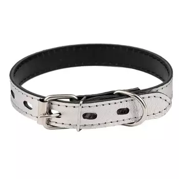 Ошейник кожаный двухслойный, ширина 2 см, ОШ 23-33 см, серебряный