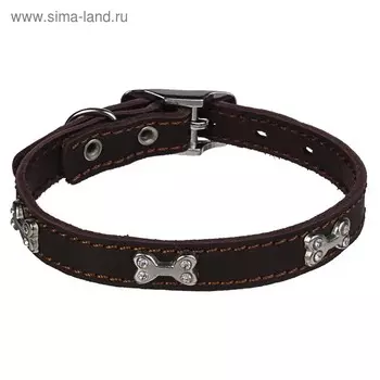 Ошейник кожаный "Флер" украшенный "Косточка со стразами", 24-30 х 1,5 см, коричневый