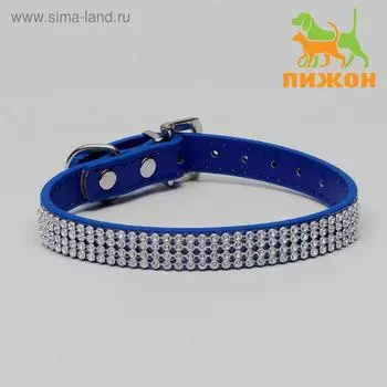 Ошейник со стразами в 4 ряда и стразы на пряжке, 38 х 1,5 см, ОШ 26-33, синий