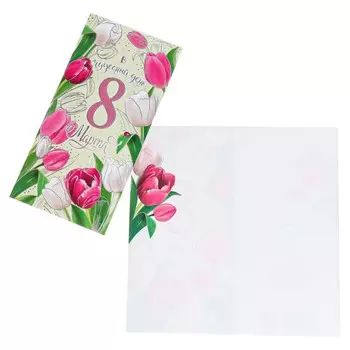 Открытка евро "8 Марта" тиснение, конгрев, тюльпаны, зеленый фон, 12,3х18,8 см