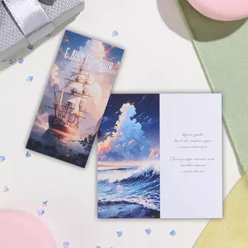 Открытка-евро "С Днём Рождения!" парусник, 8х16,3 см