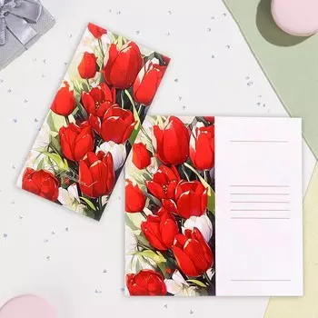 Открытка-евро "С Праздником!" красные тюльпаны, 20х10 см