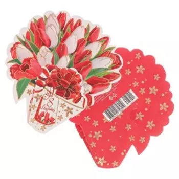 Открытка-мини двойная "8 марта" глиттер, цветы, шильдик, бант, 11,5 х 11 см