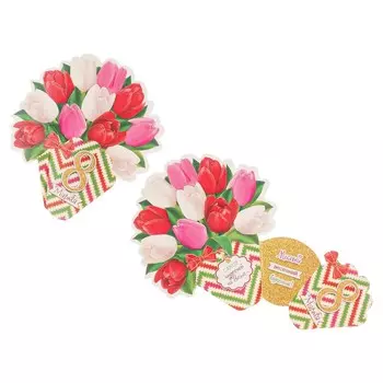 Открытка-мини двойная "8 марта" глиттер, тюльпаны, бантик, узор, 11,5 х 11 см