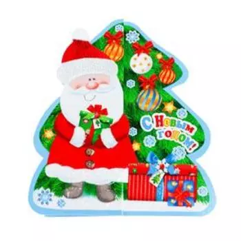 Открытка-мини "С Новым Годом! глиттер, Дед Мороз, Елка