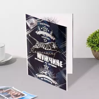 Открытка "Настоящему мужчине!" конгрев, тигр, синий фон, 12,5х19,4 см