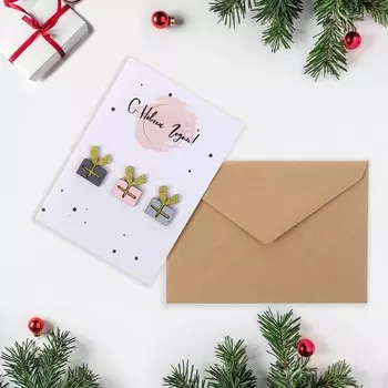 Открытка с деревянным элементом "С Новым Годом!" ручная работа, подарки, 14,7х10,5 см