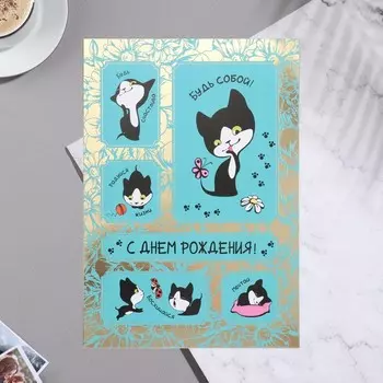 Открытка "С Днём Рождения" котик, А4