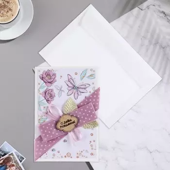 Открытка "С Днём Рождения!" ручная работа, бант, 11,5х17 см