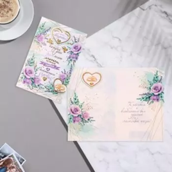 Открытка "С Днём Свадьбы!" купидоны, цветы, зелень, 12,5х19 см