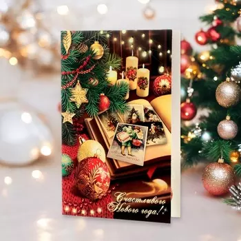 Открытка "Счастливого Нового Года!" свечи, марки, 12,5 х 19,4 см