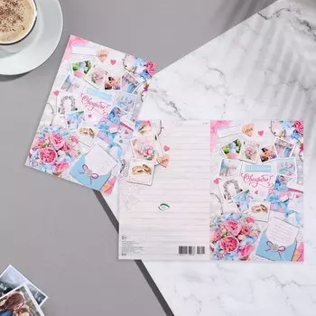 Открытка "В День Свадьбы!" букет, деревянный фон, коллаж фото, 19х29 см