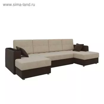 П-образный диван «Амир», механизм еврокнижка, микровельвет, цвет бежевый / коричневый