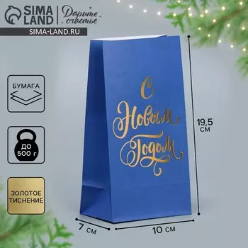 Пакет подарочный без ручек «С Новым годом», синий, с тиснением, 10 х 19.5 х 7 см