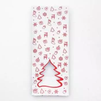 Пакет бумажный фасовочный "Новогодний" с окном, серебро-красный,10 х 6 х 26 см