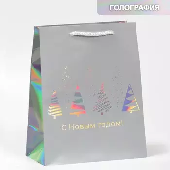 Пакет новогодний подарочный голографический «Сказочный лес», 18 х 23 х 10 см