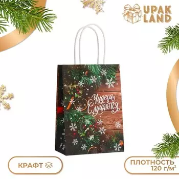 Пакет бумажный подарочный новогодний крафт «Чудеса» 15218 см