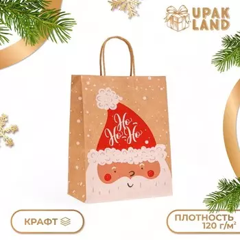 Пакет бумажный подарочный новогодний крафт "Дед Мороз", 27 х 21 х 11 см.