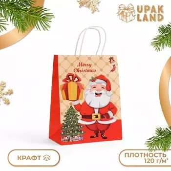 Пакет бумажный подарочный новогодний крафт "Дед Мороз с подарком", 27 х 21 х 11 см.
