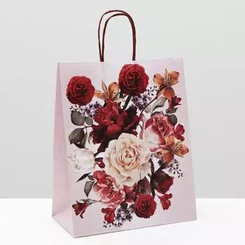 Пакет крафт "Нарисованные цветы", 22 х 12 х 27 см