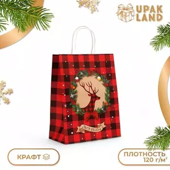 Пакет бумажный подарочный новогодний крафт "Новогодний Олень", 27 х 21 х 11 см.