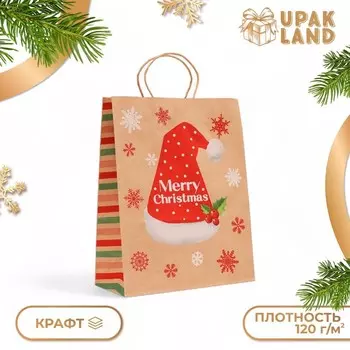 Пакет бумажный подарочный новогодний крафт «Новогодняя шапка», 332612 см