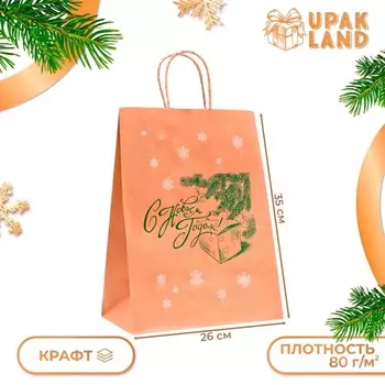 Пакет бумажный подарочный новогодний крафт, "Новый год и подарок!", зеленый 26 х 15 х 35 см.