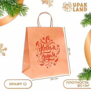 Пакет бумажный подарочный новогодний крафт, «Новый год и веточка!», красный 241428 см