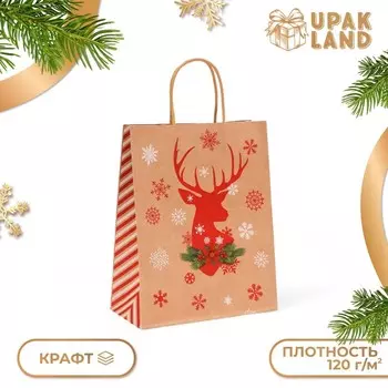 Пакет бумажный подарочный новогодний крафт «Олень», 272111 см
