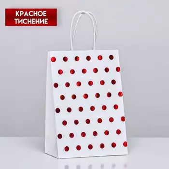 Пакет крафт с красным тиснением, круглая ручка, белый, 15 х 21 х 8 см, 120 г