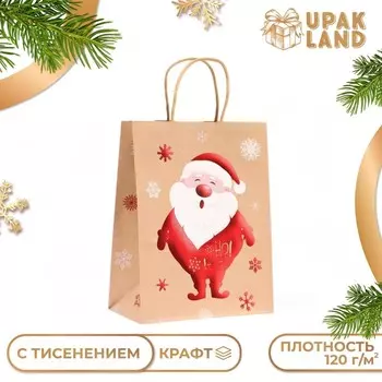 Пакет бумажный подарочный новогодний крафт с тиснением «Дед Мороз», 272111 см