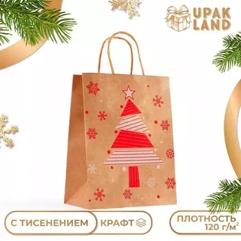 Пакет подарочный новогодний, крафт с тиснением, «Ёлка» круглая ручка, 212711 см, 120 г