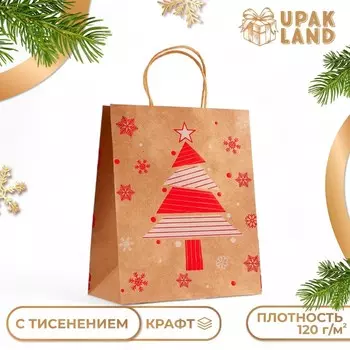Пакет подарочный новогодний, крафт с тиснением, «Ёлка» круглая ручка, 332512 см, 120 г