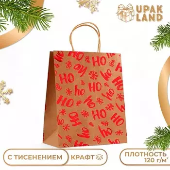 Пакет подарочный новогодний, крафт с тиснением, круглая ручка, "Хо - Хо - Хо" 332512 см, 120 г