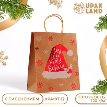 Пакет подарочный новогодний, крафт с тиснением, круглая ручка, «Колпак» 332512 см, 120 г
