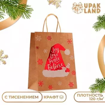 Пакет подарочный новогодний, крафт с тиснением, круглая ручка, «Колпак» 212711 см, 120 г