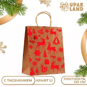 Пакет крафт с тиснением, круглая ручка, "Лес" 33 х 25 х 12 см, 120 г