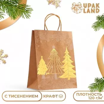 Пакет подарочный новогодний, крафт с зол. тиснением, круглая ручка,«Рожденственский лес» 212711 см, 120 г