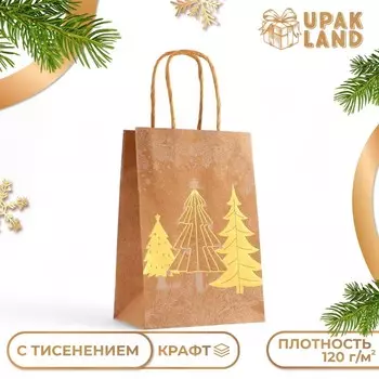 Пакет подарочный новогодний, крафт с золотым тиснением, круглая ручка, «Рожденственский лес» 15218 см, 120 г